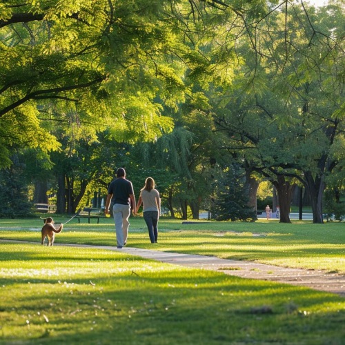 a couple walking a dog in a park