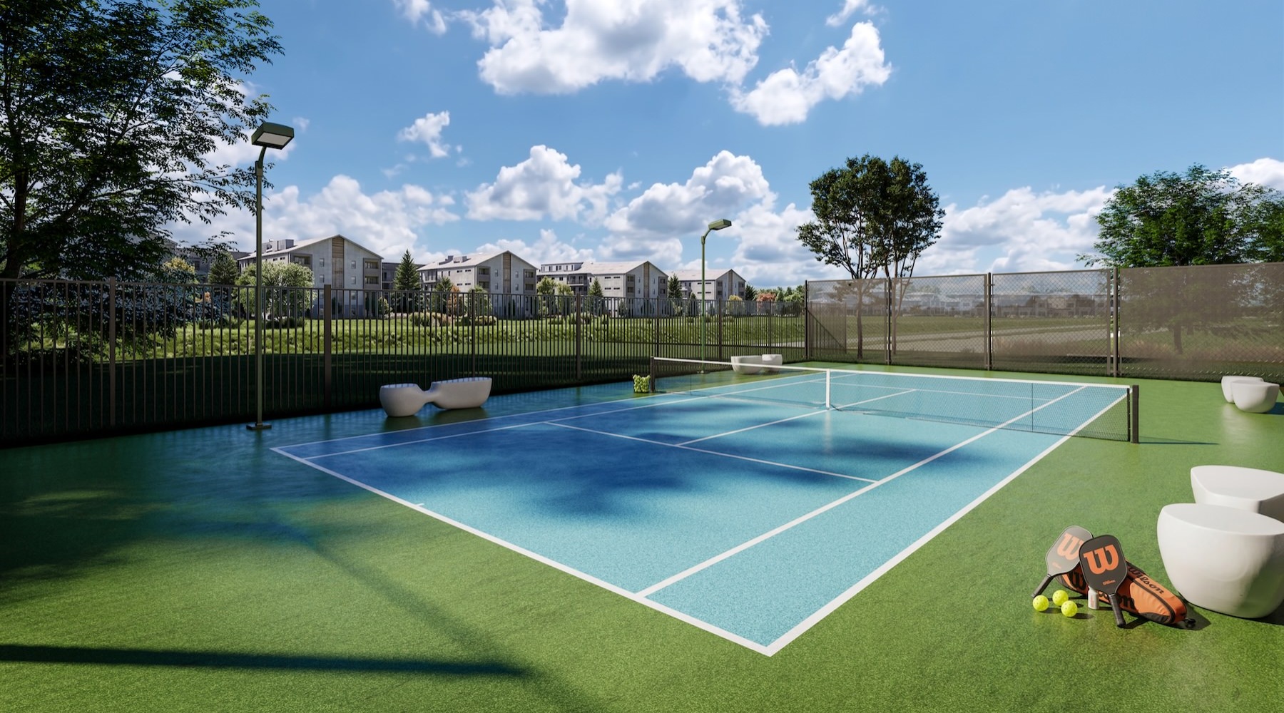 a pickleball court with trees