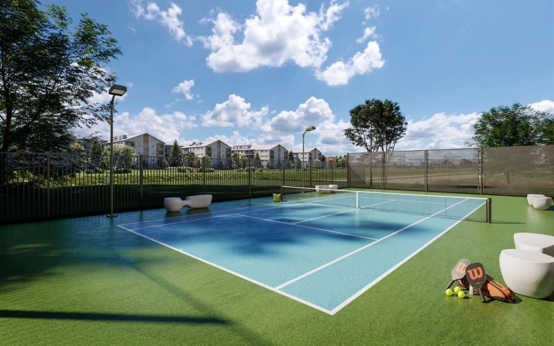a pickleball court with trees