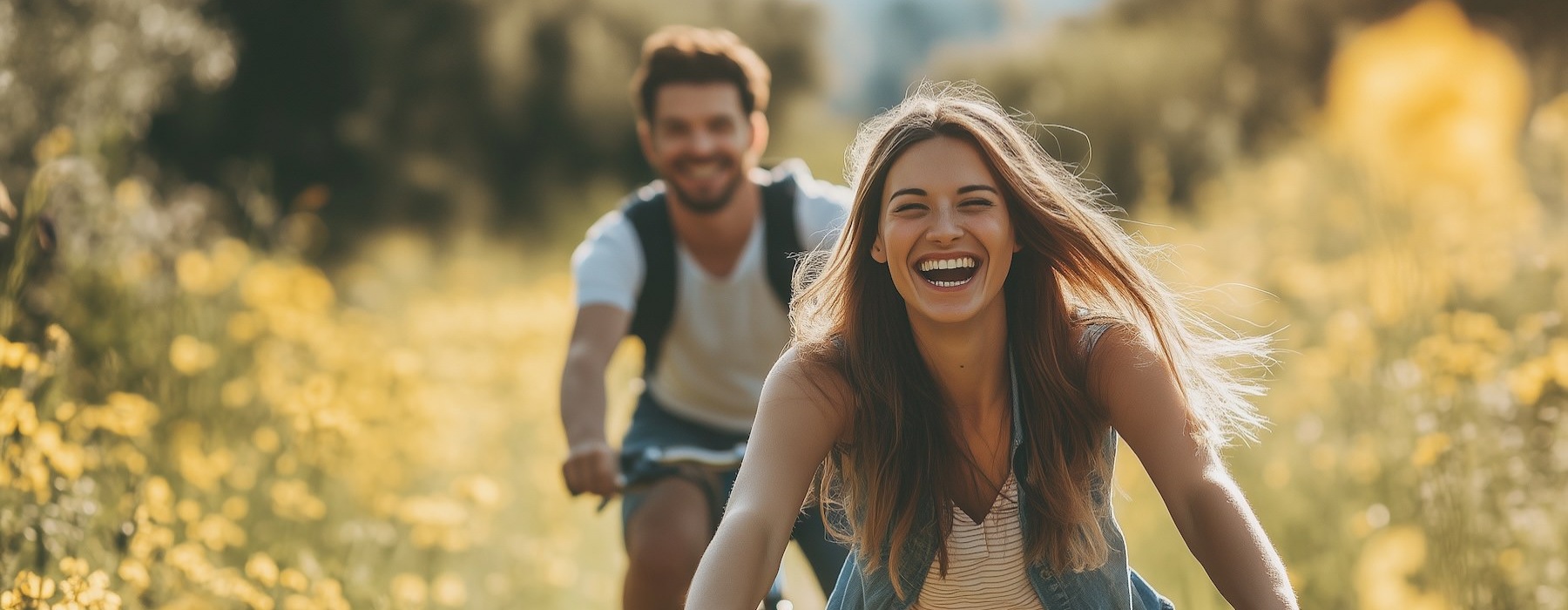a man and woman riding bikes in a field of yellow flowers