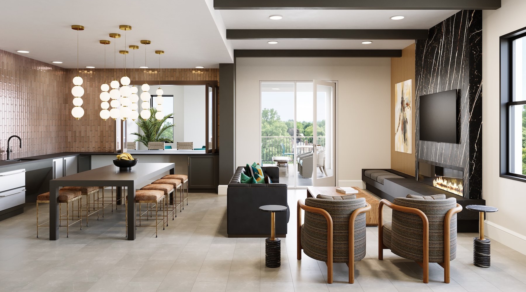 a clubroom with tables, chairs and a tv