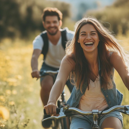 a man and woman riding bikes in a field of yellow flowers