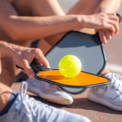 a group of people sitting on the ground with a pickleball